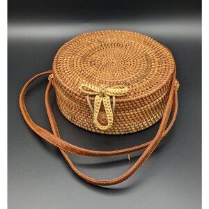 Wicker Handbag Crossbody Purse Round Canteen Shoulder Bag Paisley Fabric Lined